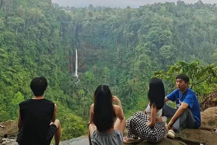 Friends sitting on a cliff overlooking a lush valley with a tall waterfall.
